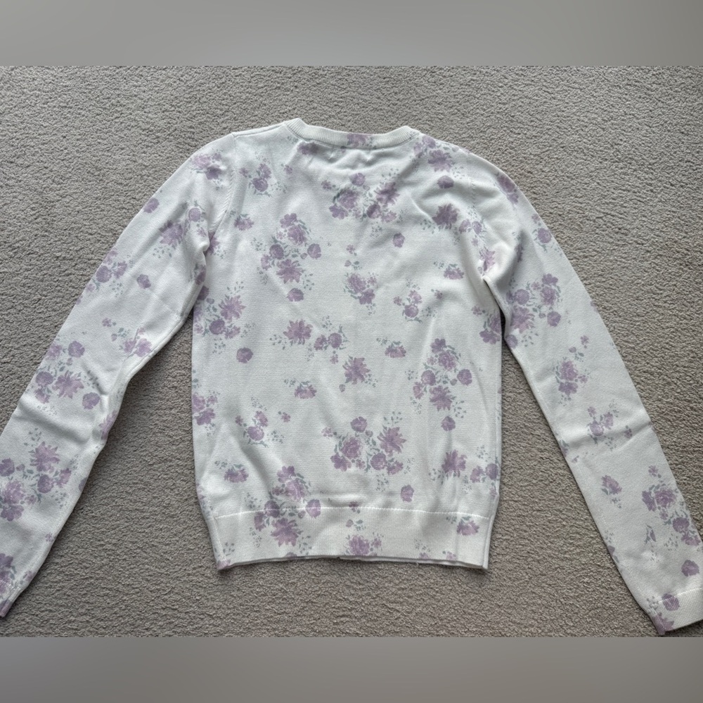 Aeropostale Womens Crew Neck Stretch Cream Purple Floral Button Cardigan Sweater - Picture 7 of 9